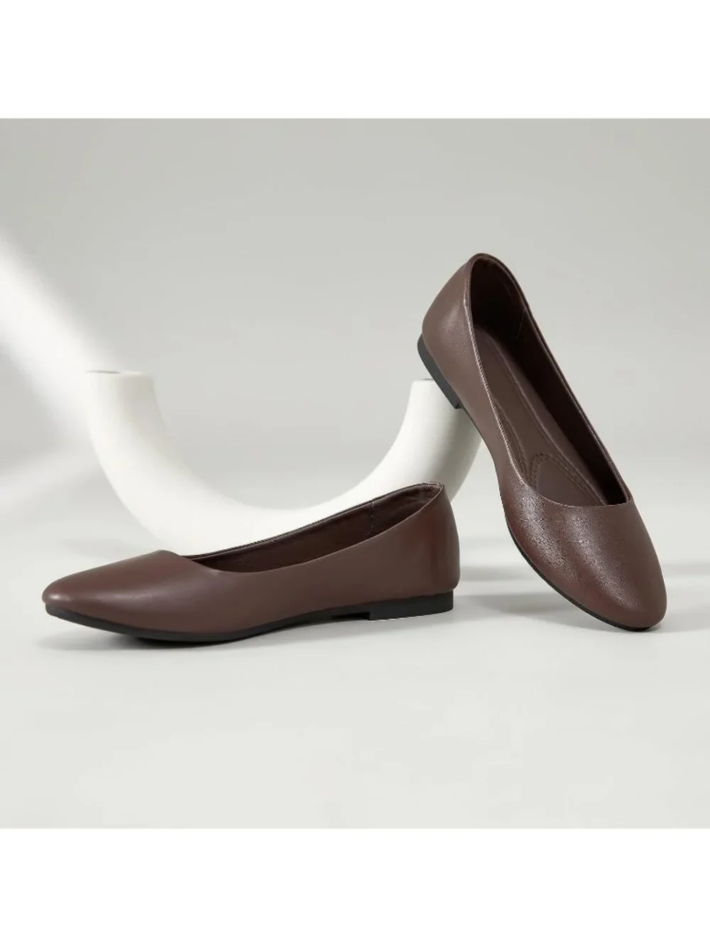 Women's Coffee PU Leather Closed Toe Comfortable Flexible Slip On Ballet Flats